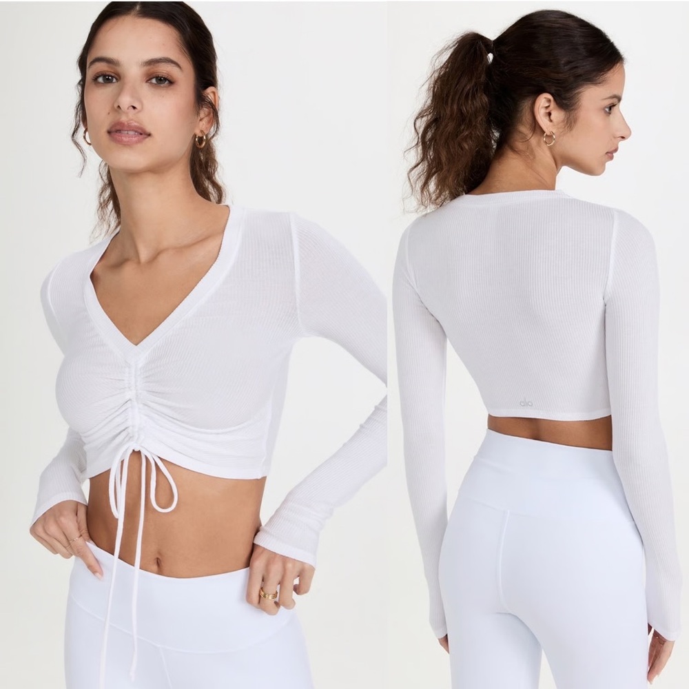 ALO White Ruched Long Sleeve Top